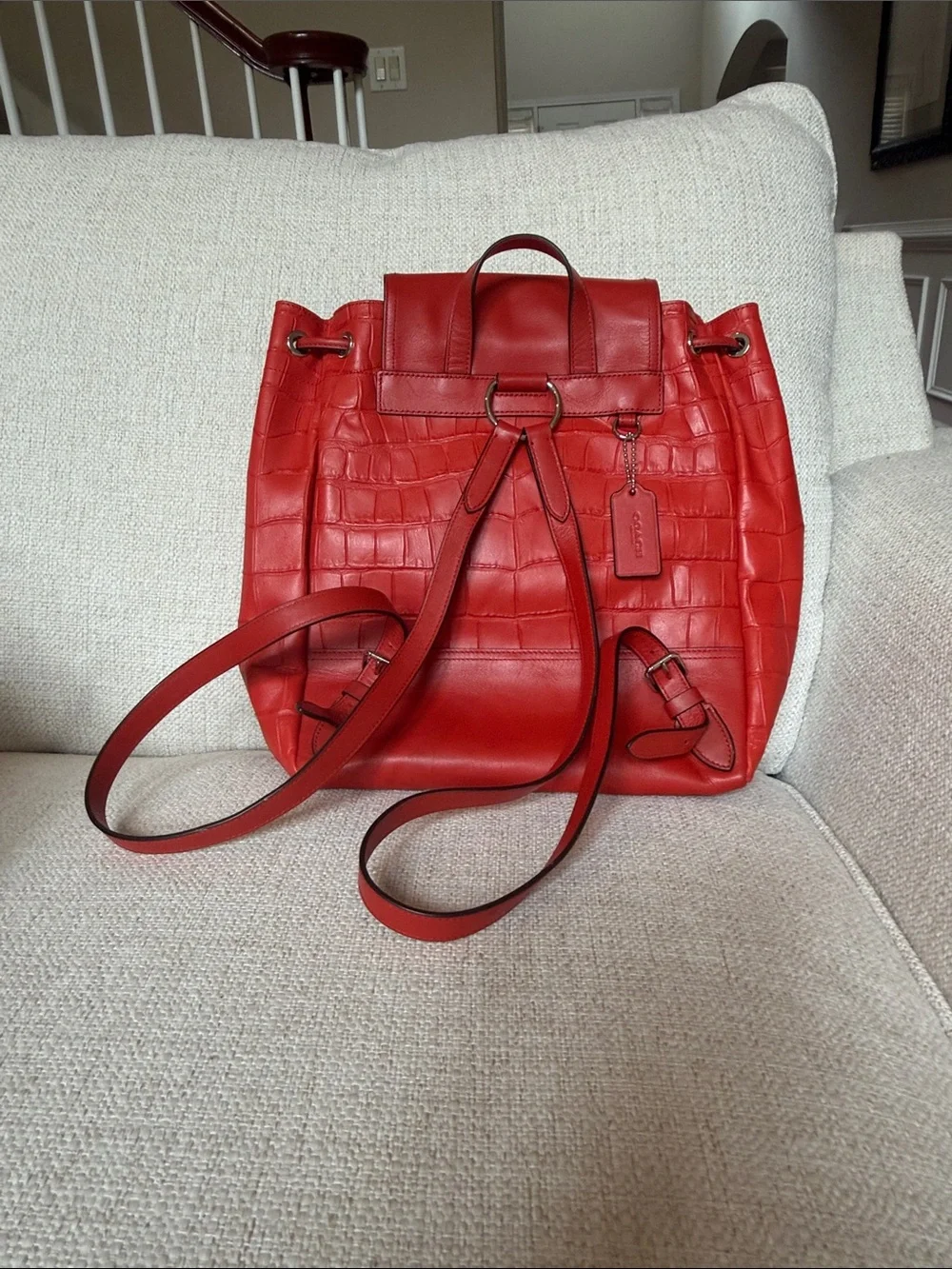 Bold Red Faux-Croc Backpack with Front Pockets Coach